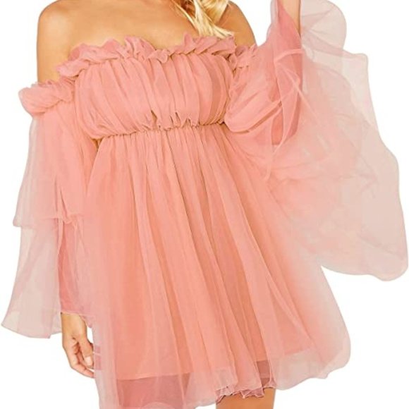 Off Shoulder Long Sleeve Mini Dress - Picture 1 of 4